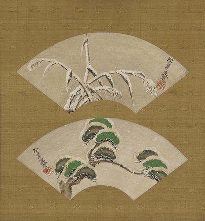 Snow-Laden Grasses and Snow-Laden Pine Branches, Fan by Ogata Kenzan